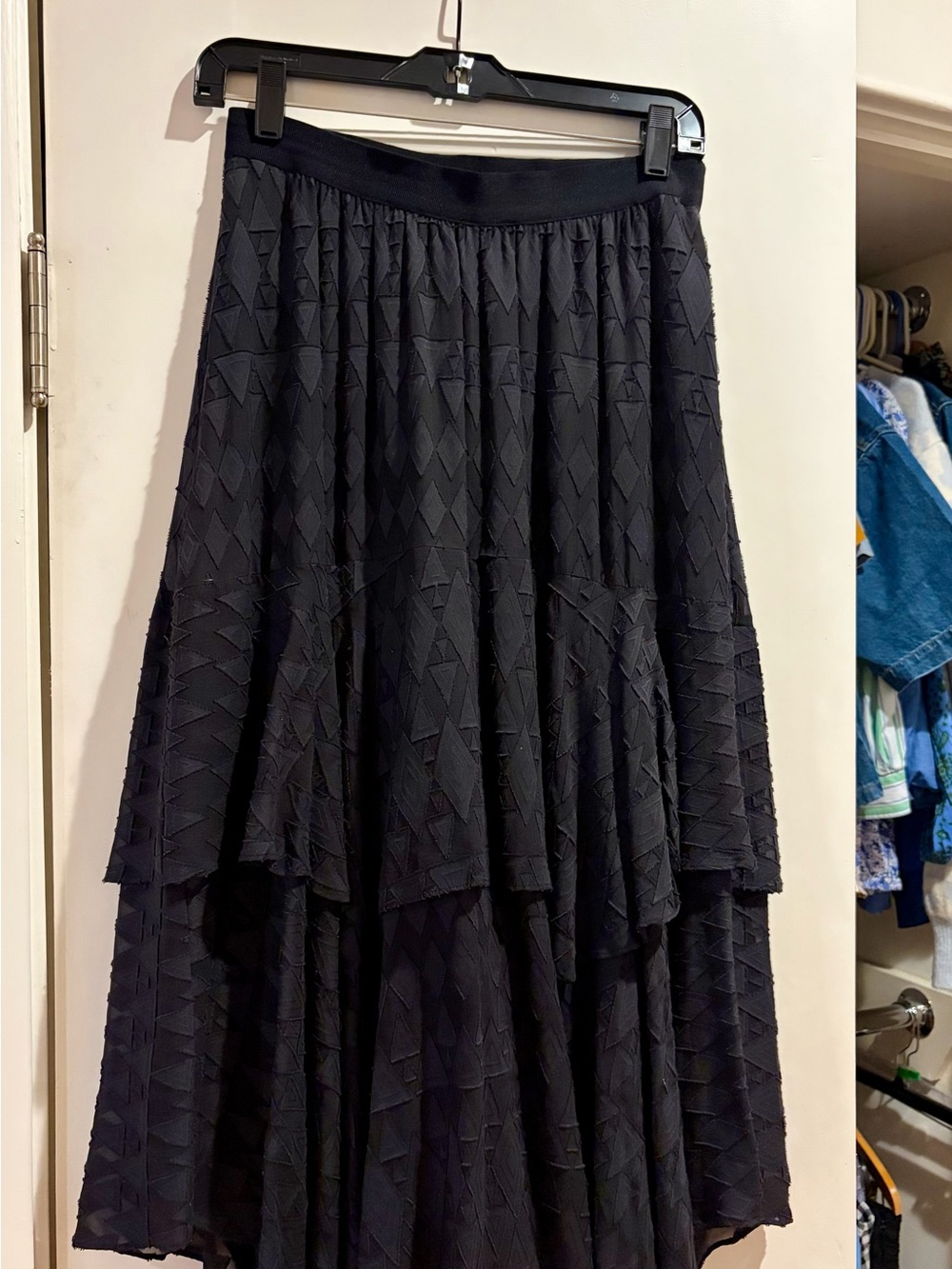 Rebecca Taylor Black Tiered Textured Silk Midi Skirt